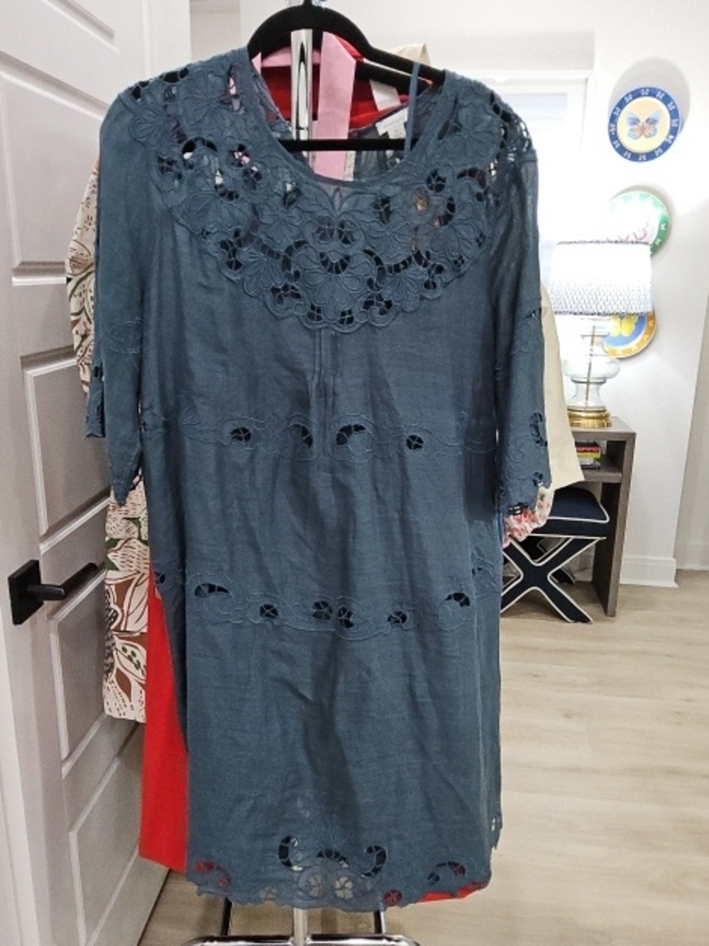 Sundance Blue Lace-Embroidered Shift Dress with Red Lining Accent